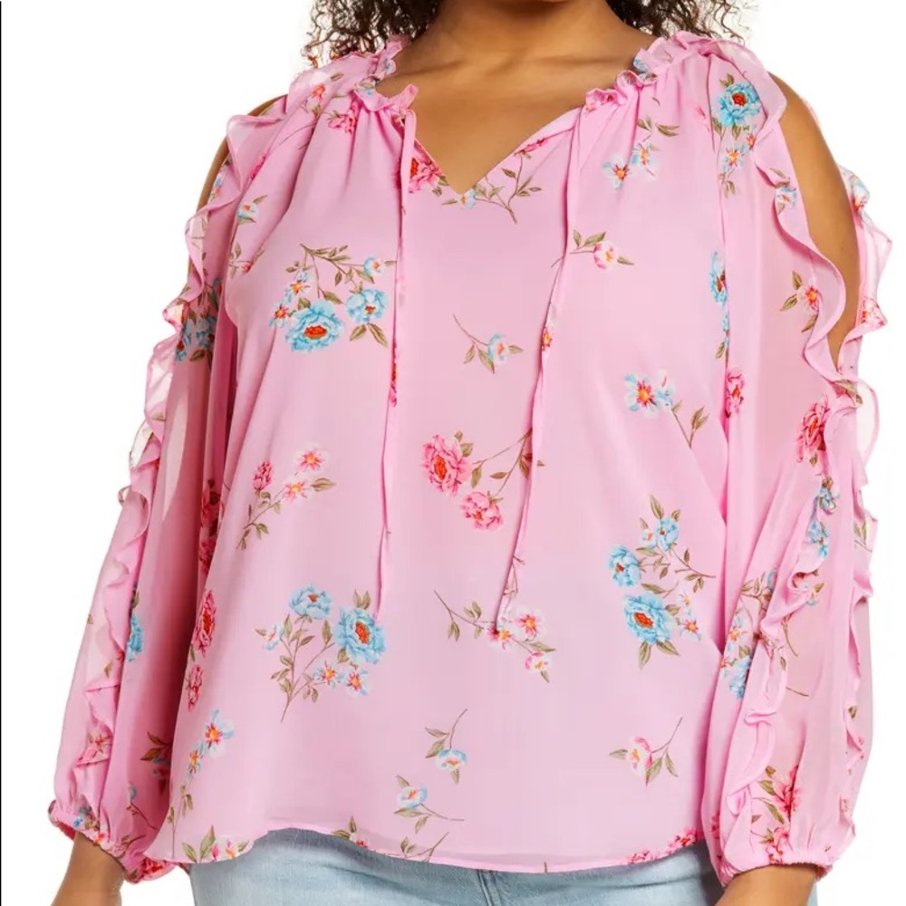 1.State Plus Size Pink Floral Cold Shoulder Blouse Size 2X EUC